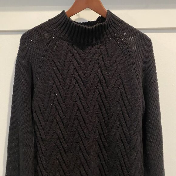 Vtg Chaps Cable Chunky Sweater Womens Medium Black Fisherman Sparkly Mock Neck - Picture 1 of 13